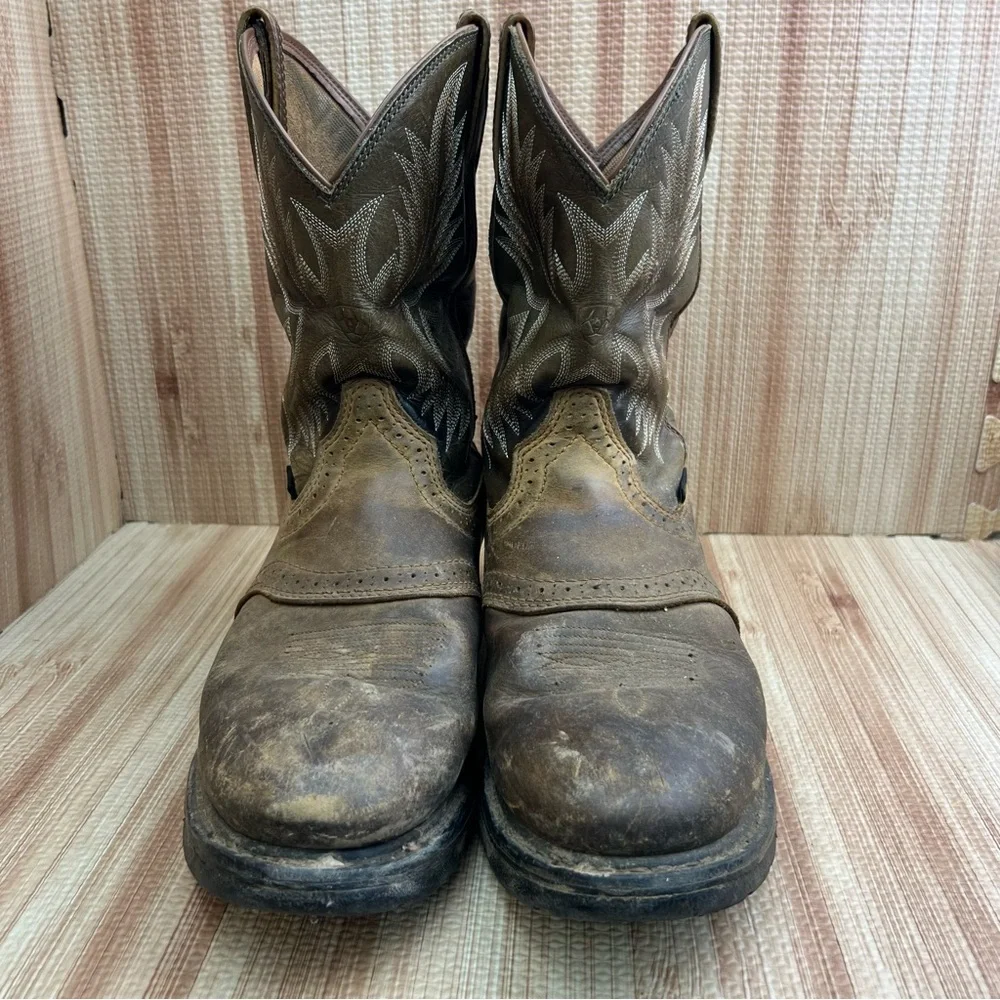Ariat WorkHog Work Boots Mens 12EE Brown Cowboy Pull On Round Toe Ranch - Picture 2 of 9